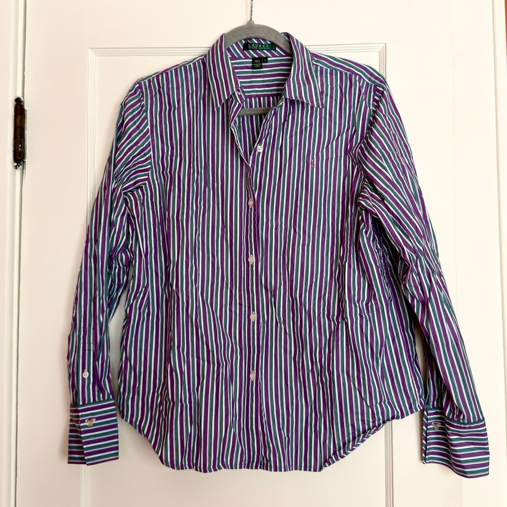 Vintage Ralph Lauren Women’s Striped Shirt in Purple and Blue